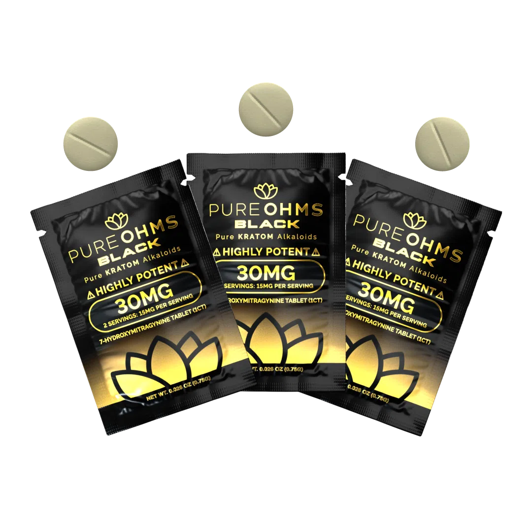 transparent background with three packs of Pure Ohms Black 7-OH Tablet 30mg - 6 Count